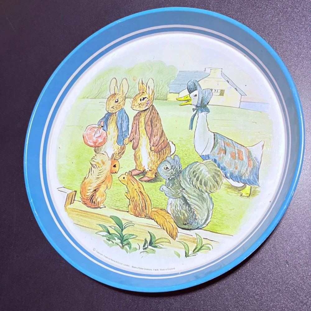vintage Peter rabbit round metal tin tray made in England nursery art decor baby